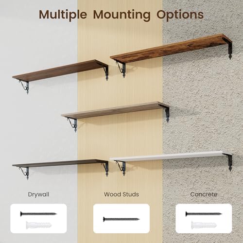 RICHFOCUS Floating Shelves for Wall Decor, 39.4W x 8D Shelves Set of 2, 8 Inch Deep Rustic Wood Shelves Wall Mounted with Brackets, Long Floating Shelves for Living Room Bedroom Kitchen, Rustic Brown