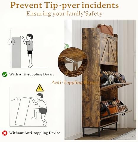 Wodeer Shoe Cabinet Storage for Entryway, Shoe Storage Cabinet with 3 Flip Drawers, Freestanding Narrow Shoe Rack Organizer with Metal Legs & Side Hook for Foyer, Hallway, Brown