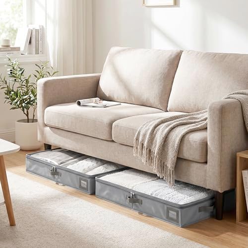 4" Low Profile Under Bed Storage Bins (2-Pack, Charcoal Grey), Slim 600D Oxford Organizer Containers with Matching Vegan Leather Handles & Clear Window, for Shoes, Clothing & Under-Sofa Storage