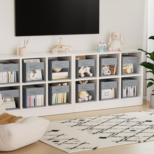 DIMJ Storage Cubes, 12 Pack Cube Storage Bin, Foldable Cube Organizer Storage Bins with Window, Closet Storage Bins with Handle, 11 x 11 inch for Clothes, Toys, Books (Grey)