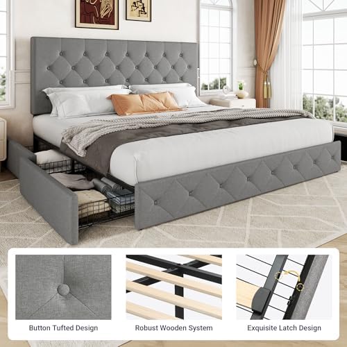 Allewie King Size Storage Bed Frame with 4 Underbed Drawers, Light Grey