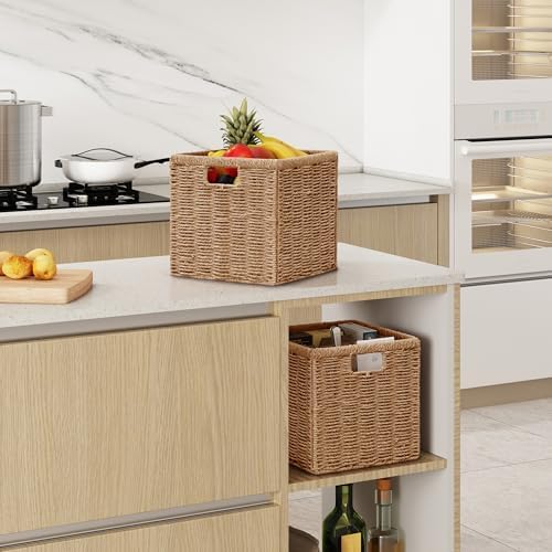 Vagusicc 9 inch Wicker Storage Cubes, Set of 2 Handwoven Wicker Baskets for Storage, Square Cube Organizer Bins, Foldable Paper Rope Storage Baskets for Organizing, Natural