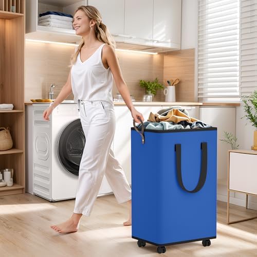 SpaceTrove Rolling Laundry Basket with Wheels, Laundry Hamper, 100L, Blue | Collapsible, 4 detachable wheels including 2 with brakes, sturdy handle, metal frame, for dorms, bathrooms and bedrooms