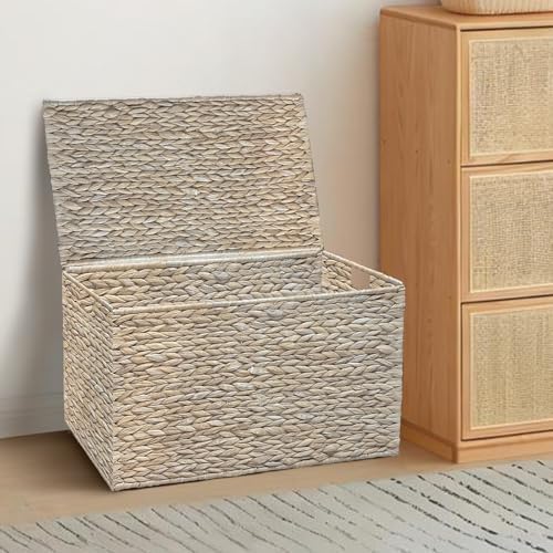 Water Hyacinth Storage Basket with Lid, 42.3 Gallon (160L) Wicker Storage Trunk with Handles, Handwoven Wicker Storage Basket for Blanket, Foldable, for Living Room, Laundry Room, White