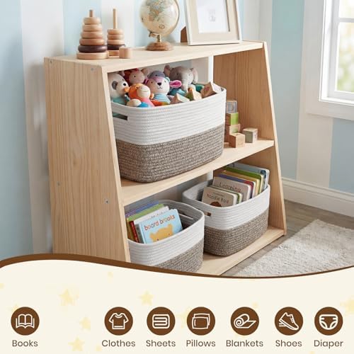 Storage Baskets for Organizing, 14 x 10 x 9” Closet Shelf Woven Baskets, Square Bins with Handles, Cotton Rope Basket for Clothes, Office, Room, White+Dark brown 1 Pack
