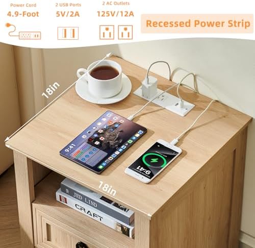 Joaxswe 18" Farmhouse Night Stand Set 2 with Charger Station & 2 Drawers | Nightstand with Storage, Bedside Table w/ 4 Wooden Legs, End Table Bedroom, Bed Side Tables for Living Room (Natural)
