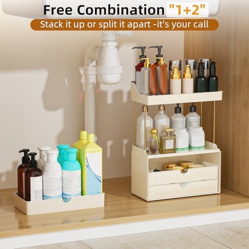 StorBin Arcylic 5-Tier Makeup & Skincare Organizer for Vanity, Bath | Smooth 3 drawers, clear body, gold frame, non-slip, for perfumes, serums, face masks, palettes, vanity & bath counter,white