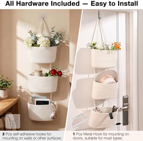 ICERZCZ Hanging Baskets for Organizing, Over the Door Decorative Storage Organizer, Nursery Decor Organization, 3-Tier Wall Basket for Entryway Playroom Bathroom Closet, Off White