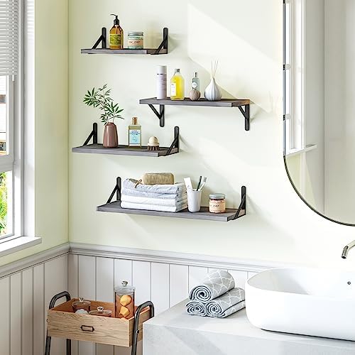 YGEOMER 4 Different Sizes Floating Shelves for Wall Decor, Weathered Gray | Rustic wood shelves in mixed sizes for flexible combined storage. Fits bathroom, kitchen, living room, bedroom and office.