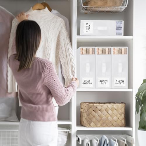 StorageTastic 4 Pack Bed Sheet Closet Organizers and Storage,Sturdy Foldable Storage Containers with Window and Label,Storage and Organization for Bedding Sheets,Duvet Covers,Blankets (White)