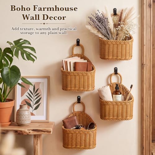 4 Pcs Hanging Wicker Baskets for Wall, with Hooks