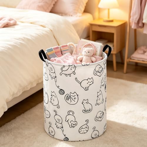 Round Fabric Collapsible Storage Basket with Handles, Black cat