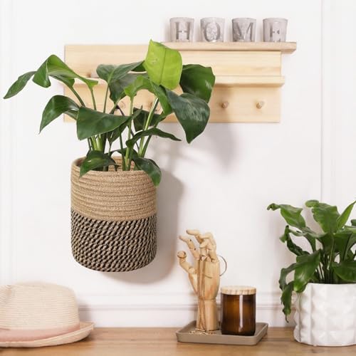 MEGASKET 2 Pack Wall Basket, Small Hanging Baskets for Organizing, Wicker Boho Wall Decor Set, Indoor Hanging Plant Holder Jute Rope Storage Basket, Rattan Woven Organizer for Decor, Black and Jute