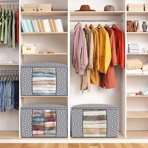 100L 3 Pack Storage Bags, Foldable Clothes Bins with Clear Window, Gray