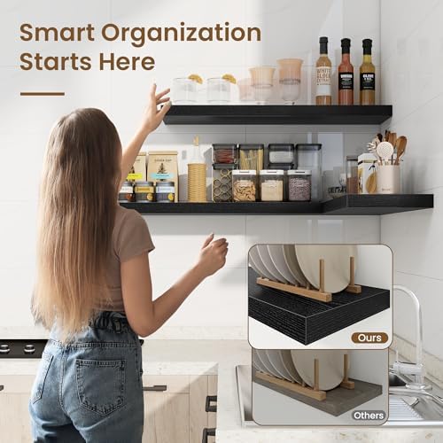 36in Floating Shelves for Wall, 36"W x 9.25"D x 1.25"H, 2 Pack Long Wall Mounted Engineered Wood Shelves with Invisible Brackets for Living Room, Bedroom, Bathroom, Kitchen Decor and Storage, Black