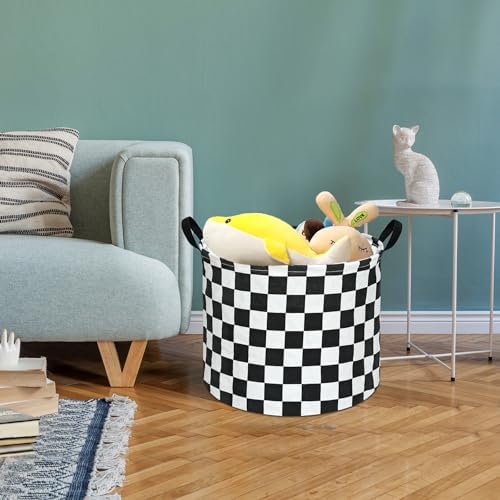 3 Pack Checkered Storage Baskets with Leather Handles, Foldable Fabric Toy Storage Bins with Waterproof Lining, Large Round Laundry Hamper for Kids Room, Nursery, Bedroom, Playroom Organization