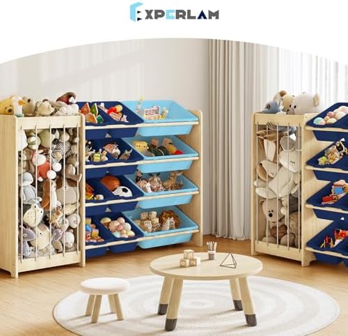 EXPERLAM Kids Toy Storage Organizer, 2-in-1 Stuffed Animal Storage & Toy Organizer w/12 Bins, Solid Wood Toy Rack Featuring Thicker Elastic Ropes, Playroom Nursery Bedroom Storage, Blue