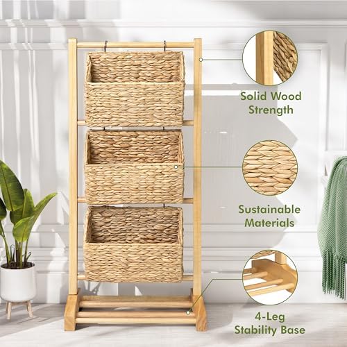 HOMESTEAD 3-Tier Wooden Shelf with Water Hyacinth Woven Baskets – Rattan Shelf Basket, Boho Room Decor, Wooden Book Shelf, Bathroom Storage Shelves, Kitchen, Laundry, Living Room (Natural)