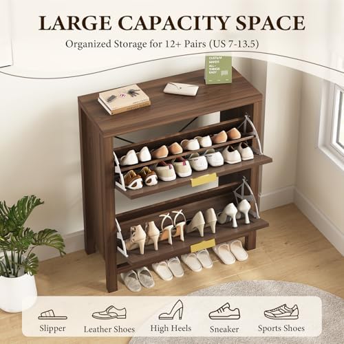 32" Fluted Shoe Cabinet Storage with 2 Flip Drawers for Entryway, Hallway