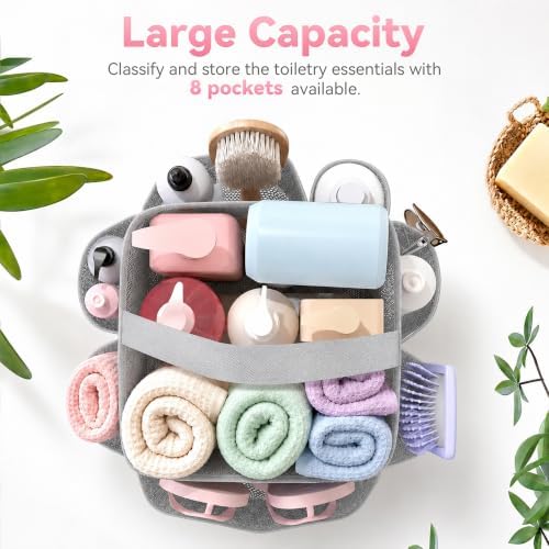 YASONIC Mesh Shower Caddy Portable for Dorm College Room Essentials, 8-Pocket Large Shower Bag with Single Handles, Hanging Shower Basket for Beach, Swimming, Bathroom, Beach, Grey