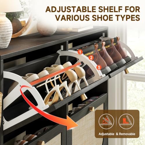 Shoe Cabinet for Entryway with 4 Flip Drawers, 9.5" Slim Wooden Shoe Storage Cabinet Fits Size 12+ Boots, Arched Rattan Hidden Shoe Organizer with Adjustable Shelves for Hallway, Foyer, Living Room