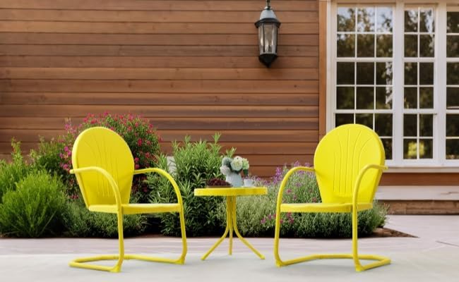 Patio Bistro Set Retro Metal Outdoor Seating Set Conversation Set 3 Pieces, 2 C-Spring Motion Armchairs and Round Side Table, for Porch, Lawn, Garden(Yellow)