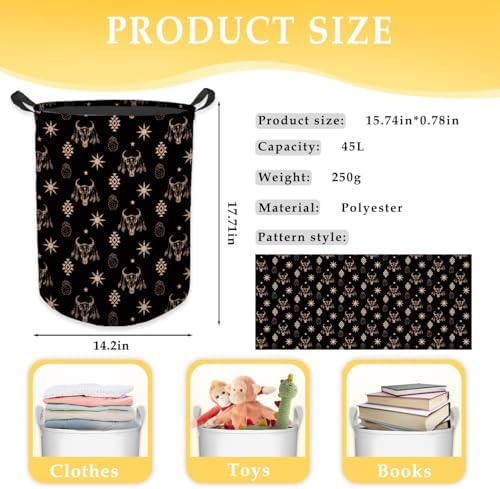 Western Aztec Bull Skull Laundry Basket, Toybox for Boys Girls Room, Western Laundry Basket Hamper Waterproof Collapsible Clothes Toys Storage Bin Organizer for Bedroom Bathroom Kids Room Dorm