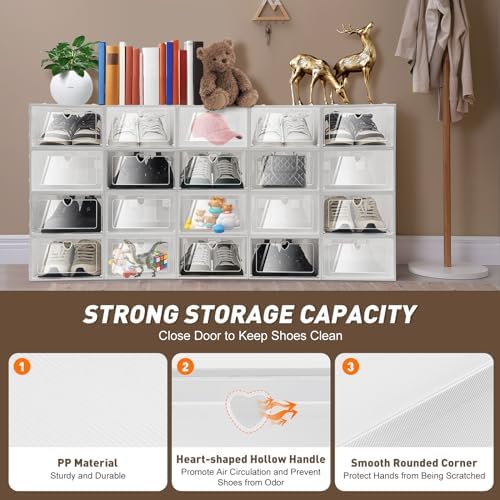20 Pack Shoe Storage Boxes, Clear Plastic Stackable Shoe Organizer for Closet, Foldable Shoe Container with Heart Vent, Space Saving for Under Bed Entryway, Fits Shoes up to Size 10