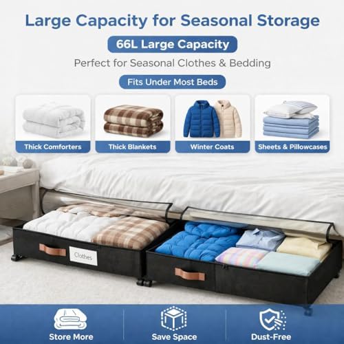 Underbed storage box with wheels that can be pulled, equipped with a partition, 66L (32 x 17.3 x 7.2) inches with 3 compression bags, suitable for storing clothes, blankets, bedding and shoes.