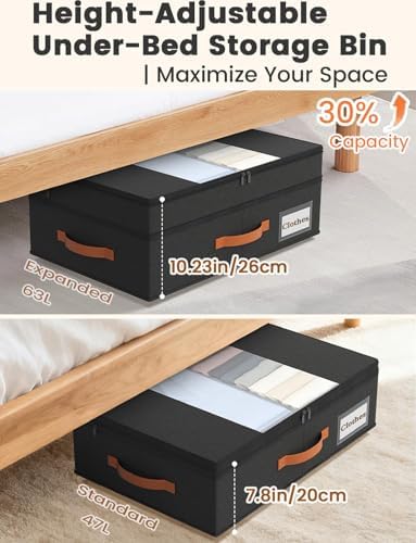 TOSKING 2-Pack Under Bed Storage Drawers with Wheels, 6 Vacuum Bags, Adjustable Height 7.9-10.2", 63L/80 lbs Clear Lid Rolling Bin, 900D Oxford, Space Saver for Dorm Bedroom Clothes Shoes, Black