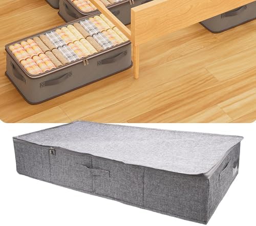 Under Bed Storage Cotton Linen Water Proof Underbed Storage Bags for Bedding Foldable Under Bed Storage Container for Clothes Socks Shoes, Gray (L)