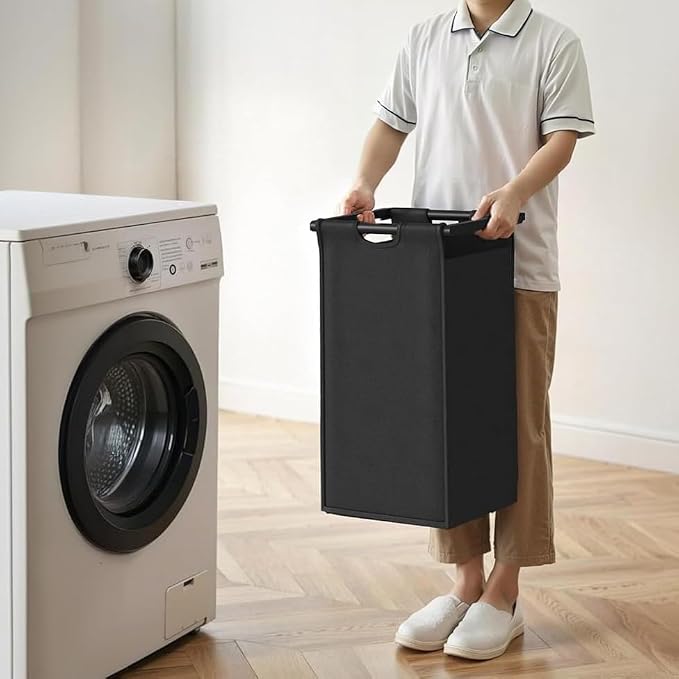 Herture Laundry Hamper with Shelf, Laundry Basket 3 Section, Laundry Sorter with Pull-Out Removable Large Bags and Movable Wheels, Metal Frame, 3 x 15.87 Gallons (60L), Black and Gray PF04XLC