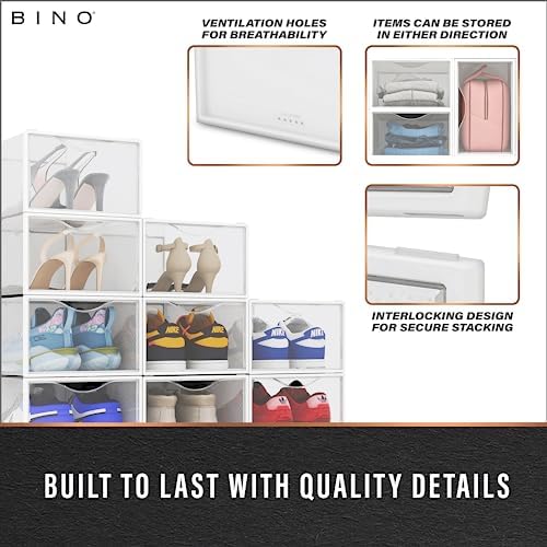 BINO 36-Pack Plastic Stackable Shoe Box Set - Clear | Foldable Shoe Storage Container | Sneaker Bins | Shoe Rack Box | Transparent | Portable Stacking Shoe Boxes Front Open