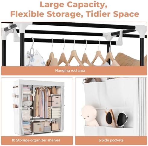VTRIN Portable Closet Wardrobe for Hanging Clothes 57.3 Inch Large Capacity Clothes Rack with Cover, 10 Storage Organizer Shelves, 1 Hanging Rods and 6 Pockets, Free Standing Closet, White