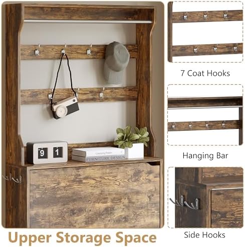 Wodeer Tall Shoe Cabinet with Coat Rack, Hidden Shoe Storage Cabinet with Doors & Drawer, Hanging Bar & Hooks, Slim Narrow Freestanding Shoe Rack Organizer for Entryway, Hallway & Living Room, Brown
