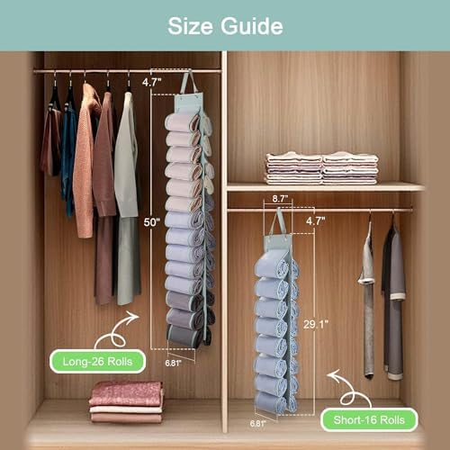 DHSFKBE Legging Organizer Storage - 2PCS T Shirt Organizer, Hanging Closet Organizers and Storage with 16 Roll Independent Compartments for Yoga Pants, Towel, Bathing Suit (Grey)