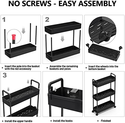 SOLEJAZZ Slim Rolling Storage Cart Skinny Bathroom Organizer, 3 Tier, Black