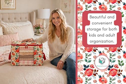 Chaos Cleared Canvas Storage Bags Designer Organizer 2 Pack – Seasonal Storage for Sweaters, Blankets, Linens & Garments – Foldable Design with Zip & Window (Red Floral Print)