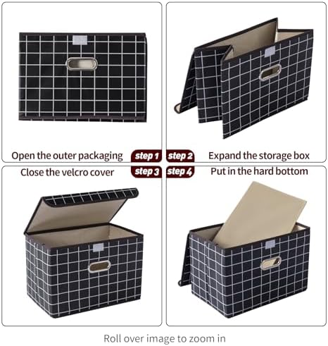 STOREONE Fabric Storage Cube Bins Foldable Organizer Container Collapsible Basket with Lids and Metal Handles, for Home, Bedroom, Closet 3 Pcs (Black grid)
