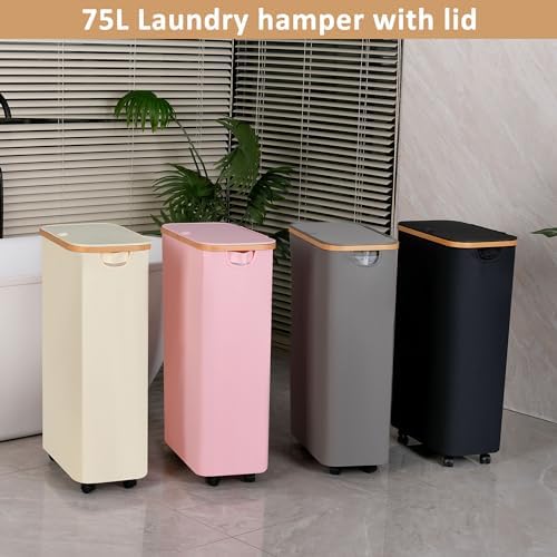 iEGrow 75L Slim Laundry Hamper, Narrow Laundry Basket with Lid,Foldable Clothes Hamper with Wheels,Hamper Basket with Removable Inner Bag for Laundry Room Bedroom College Dorm,17.17 Gals Grey