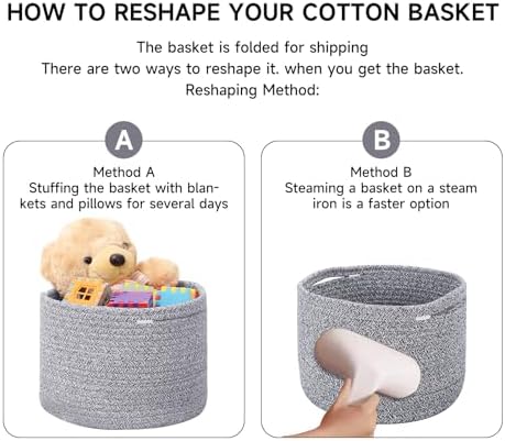 MiniArk Small Basket for Organizing | Cube Shelf Closet Storage Baskets | 9.7×9.7×7.1” | Woven Rope Gift Basket | Nursery | Round 3 Packs Mixed Grey
