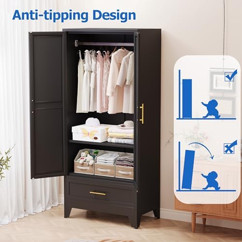 GAIOUS Steel Armoire Wardrobe Closet with Mirror Door and Drawer 71" Black