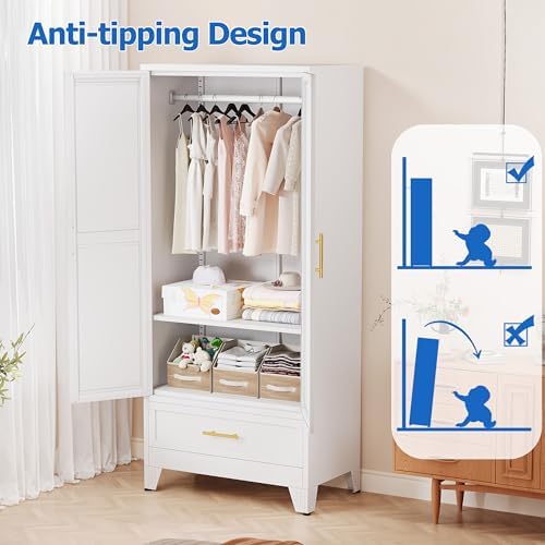 GAIOUS Steel Armoire WardrobeCloset with Mirror Door and Drawer 71" White