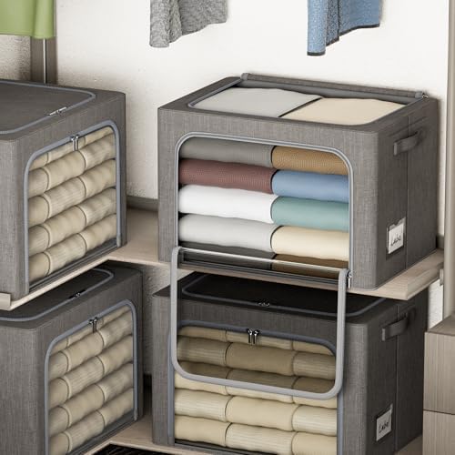 4 Pack Clothes Storage Bins with Metal Frame - 66L Stackable Storage Box with Lid,Foldable Storage Container Organizer for Clothes,Linen Fabric Storage Box with Clear Window&Zippers&Handles