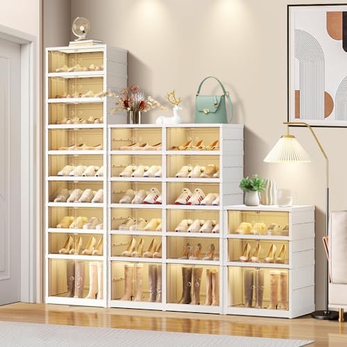 EHAMILY 3-Tier Foldable Shoe Rack Organizer, Magnetic Doors, 12 Pairs,White
