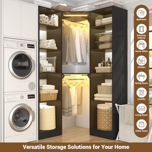 Besiost Corner Closet System with 2 Motion Sensor Lights, 39.2" Corner Closet Organizer with 12 Shelves, Closet Corner with 2 Hanging Rods, Versatile 6-Tier Walk-in Closets for Corner Space, Black