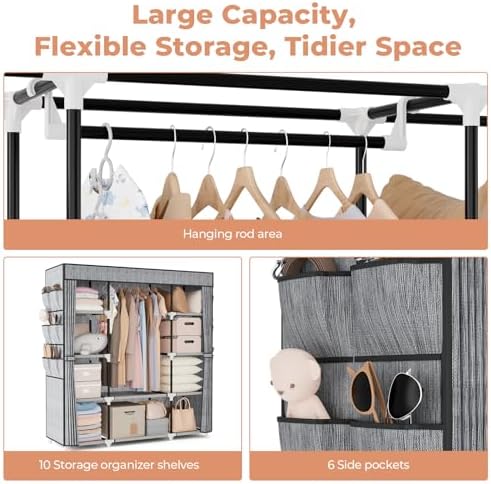 VTRIN Portable Closet Wardrobe for Hanging Clothes 57.3 Inch Large Capacity Clothes Rack with Cover, 10 Storage Organizer Shelves, 1 Hanging Rods and 6 Pockets, Free Standing Closet, Printing