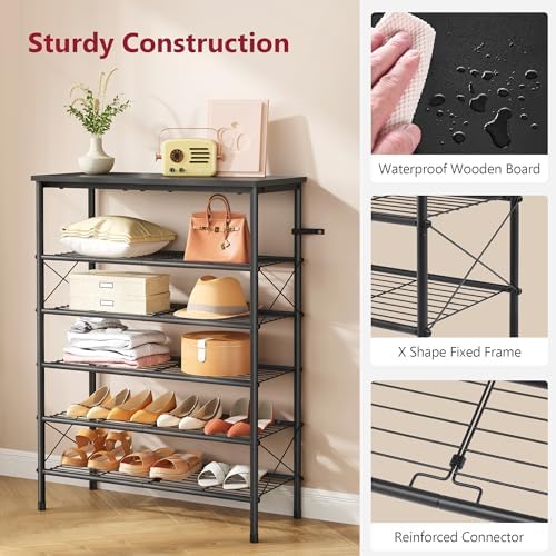 Tajsoon 6 Tier Shoe Rack for 20-24 Pairs of Shoes, Black