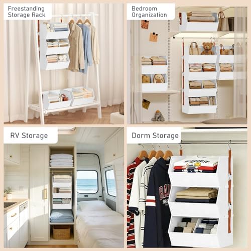 Hanging Closet Organizer Extra Large, Clothes Hanging Shelves for Closet with Divider, Collapsible Closet Storage System, Fabric Storage Bins for Home, Dorm, Rv, Sweaters, Handbags, Underwear, Sock