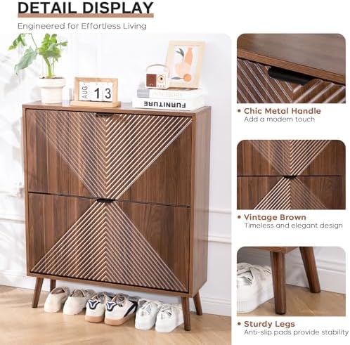 Shoe Cabinet Storage, Farmhouse Freestanding Organizer with 2 Flip Drawers